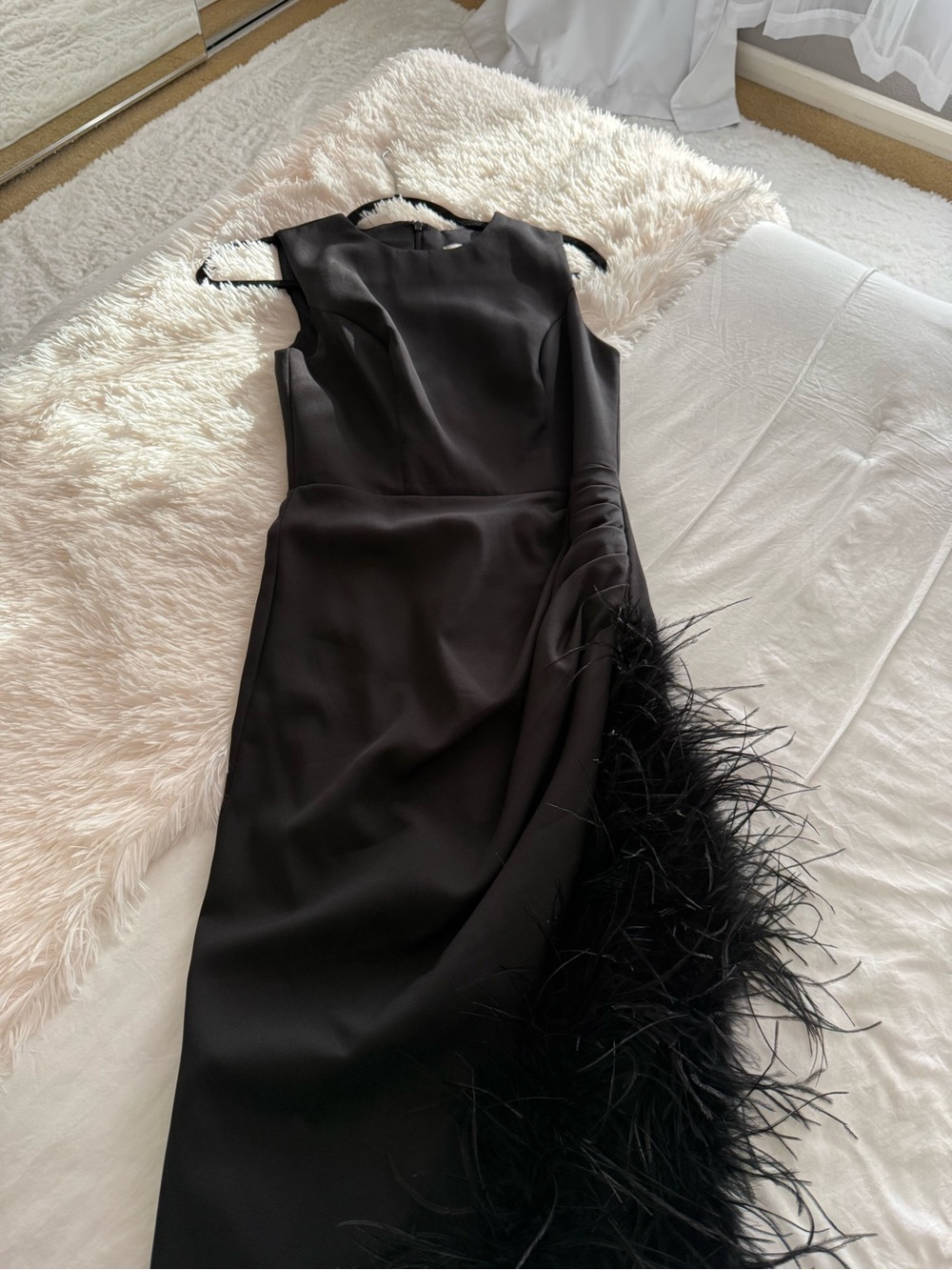 Mac Duggal Black Sleeveless Midi Dress with Feather Trim